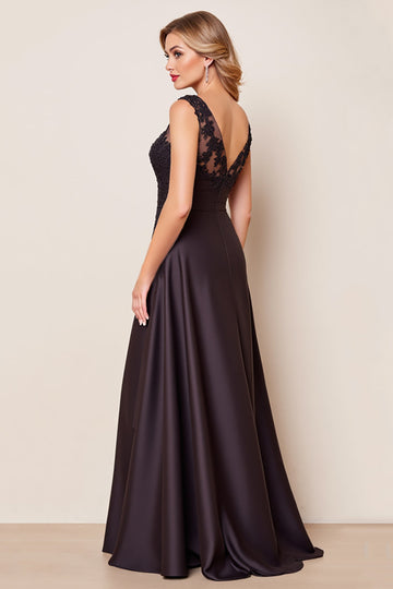 Black Satin Ruffled Long Mother of the Bride Dress with Lace